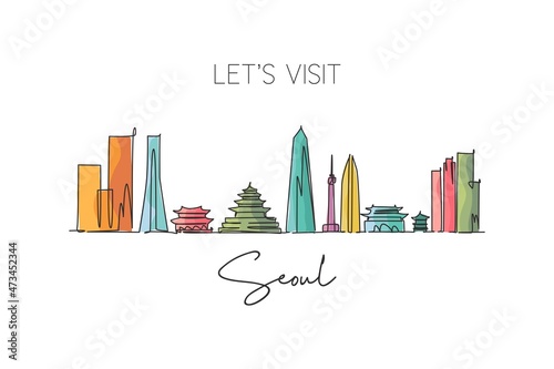 Single continuous line drawing Seoul skyline, South Korea. Famous city scraper landscape wall decor poster print art. World travel destination concept. Modern one line draw design vector illustration
