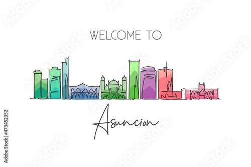 One continuous line drawing Asunción city skyline, Paraguay. Beautiful landmark postcard. World landscape tourism travel vacation. Editable stylish stroke single line draw design vector illustration