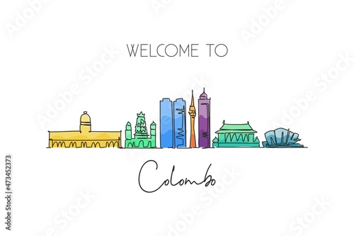 One continuous line drawing Colombo city skyline, Sri Lanka. Beautiful landmark postcard. World landscape tourism travel vacation. Editable stylish stroke single line draw design vector illustration