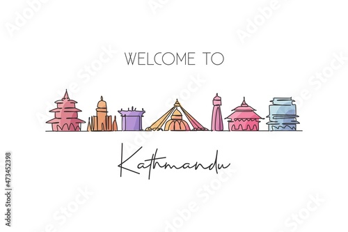 One continuous line drawing of Kathmandu city skyline, Nepal. Beautiful landmark postcard. World landscape tourism travel vacation. Editable stylish stroke single line draw design vector illustration