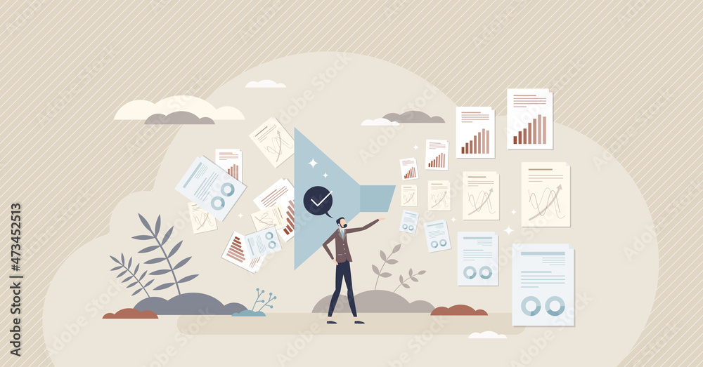 Data wrangling and information sorting with right order tiny person  concept. Big data info sorting and processing using digital funnel document  analysis vector illustration. Quality order selection. Stock Vector | Adobe  Stock