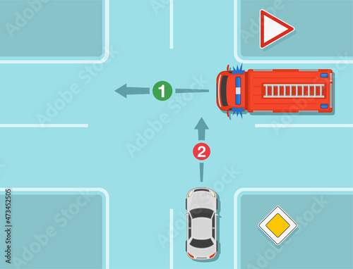 Safety driving rules. Give way to emergency vehicles rule at crossroads with priority signs. Fire truck car goes first. Flat vector illustration template.