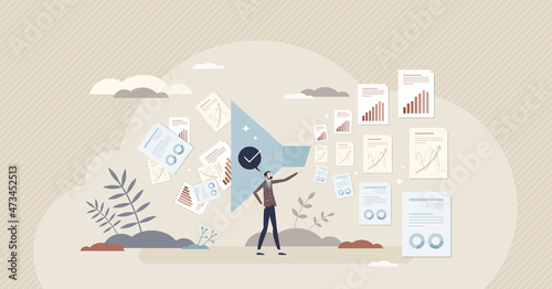 Data wrangling and information sorting with right order tiny person concept. Big data info sorting and processing using digital funnel document analysis vector illustration. Quality order selection. photo