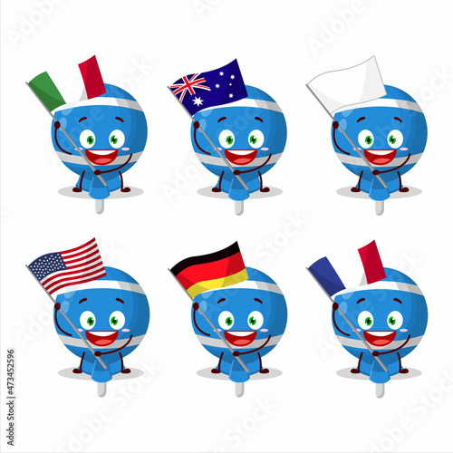 Blue lolipop wrapped cartoon character bring the flags of various countries