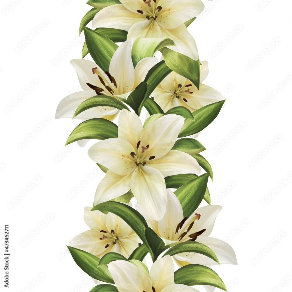 Floral border. White lily flowers seamless pattern. Floral border. White lily flowers seamless pattern.