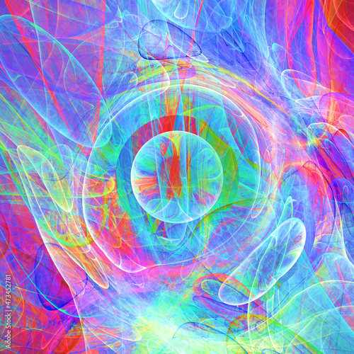 Creación de arte digital abstracto compuesto de nubes de colores translúcidos sobrepuestas entre sí formando una especie de velos de humo cargados de energía.