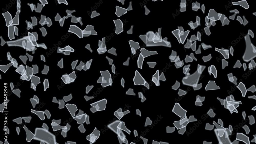Many broken glass floating in air on black background. Business damage concept. Sharp piece of splitted clear glass. Loop animation. Many broken glass floating in air on black background. Business damage concept. Sharp piece of splitted clear glass. Loop animation.