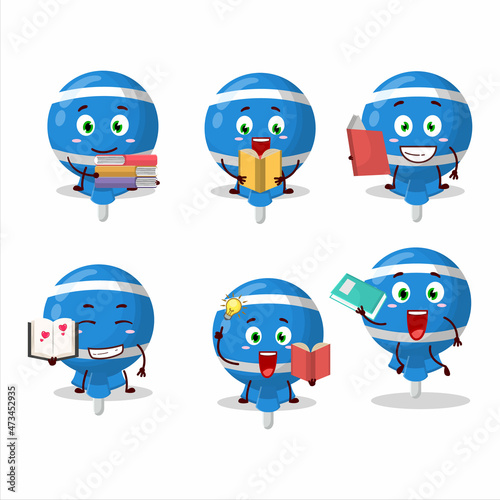 A picture of blue lolipop wrapped cartoon character concept reading an amusing book