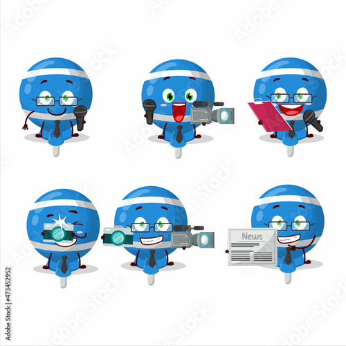 Character reporter blue lolipop wrapped cute mascot with microphone