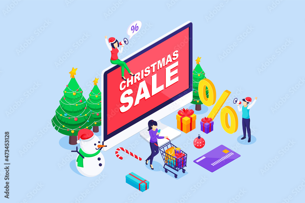 Young Women are shopping online through a computer on Christmas Sale and discounts. Christmas tree, snowman, and gift boxes. Merry Christmas and happy new year. Isometric Vector Illustration Young Women are shopping online through a computer on Christmas Sale and discounts. Christmas tree, snowman, and gift boxes. Merry Christmas and happy new year. Isometric Vector Illustration