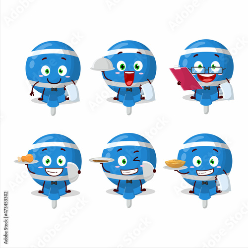happy blue lolipop wrapped waiter cartoon character holding a plate