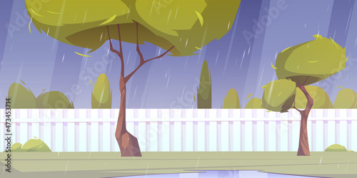 House backyard at rainy weather, home back yard at rain with green trees, bushes, puddles at grass lawn and white wooden fence. Cottage garden landscape, patio cartoon background, Vector illustration