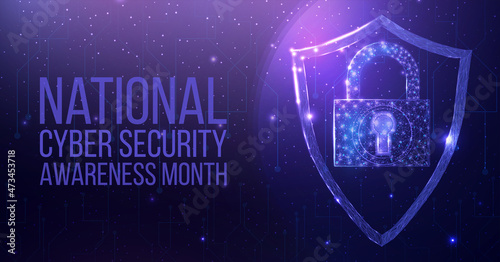 National Cyber Security Awareness Month. Wireframe polygonal shield with globe map. Cyber security, world protection concept with glowing low poly guard.