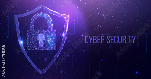 Cyber Security. Wireframe polygonal shield and padlock with globe map. Cyber security, world protection concept with glowing low poly guard. Futuristic abstract vector illustration.