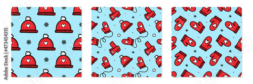 Set, collection of three vector seamless pattern backgrounds for christmas, winter design with red hats, scarfs, mittens and snowflakes.

