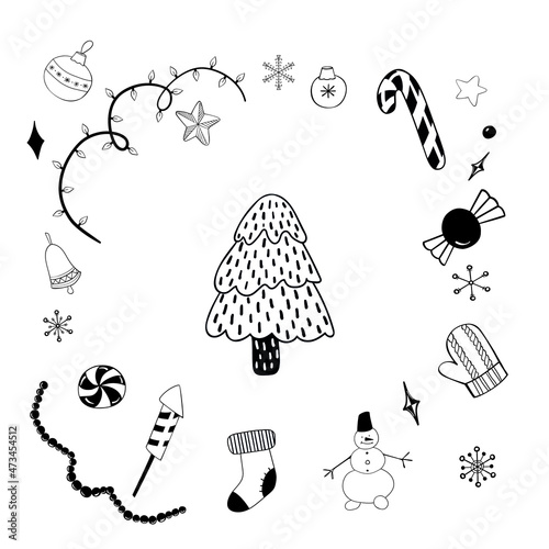  Vector hand drawn Doodle cartoon set of objects and symbols on the Christmas theme