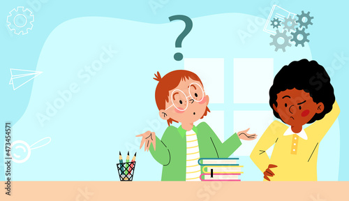 Concerned school boys trying to solve the problem, cartoon vector banner with copy space for text illustration.
