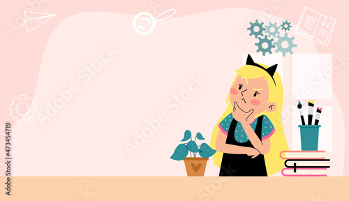 Cute school girl with hands on chin thinking at desk with books, flat vector banner illustration.