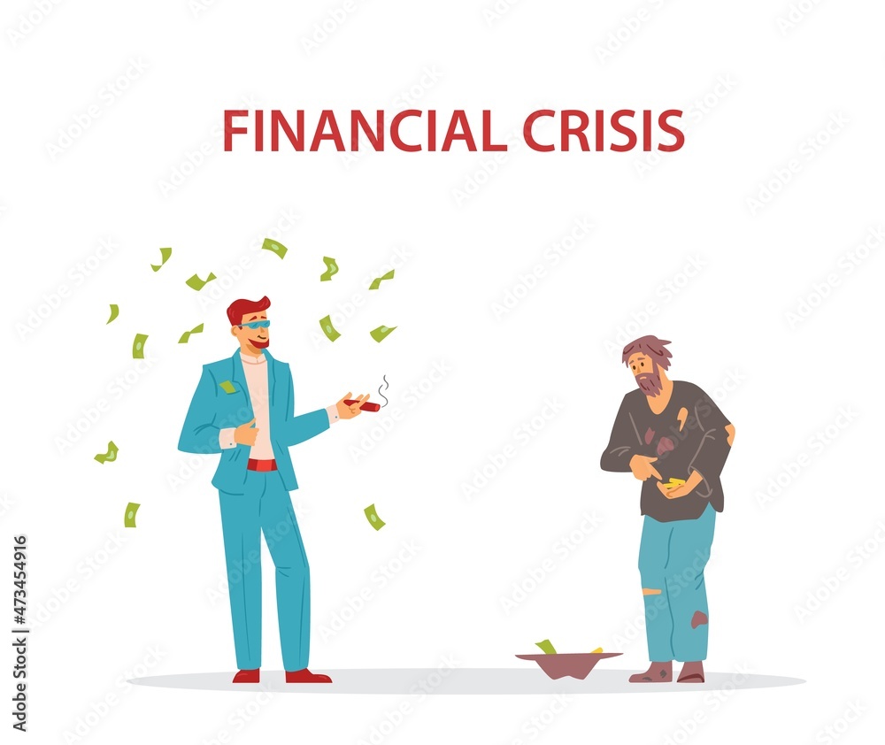 Financial crisis and economic collapse concept with rich and poor men. Bankruptcy and unemployment problems of economic crisis, flat vector illustration. Financial crisis and economic collapse concept with rich and poor men. Bankruptcy and unemployment problems of economic crisis, flat vector illustration.