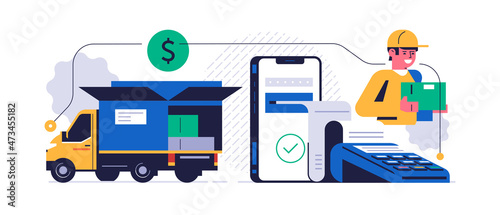 Online parcel delivery service concept. Successful online payment for parcel delivery via a mobile application. Truck with boxes, courier with order box. Flat vector illustration