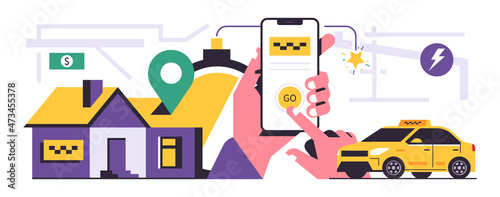 Taxi ordering service mobile application concept. A hand holding a phone with booking a taxi on the display. Bomb-shaped stopwatch, yellow car, house, map, pin. Flat vector illustration
