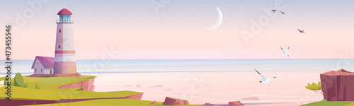 Lighthouse at early morning sea shore, beacon building at scenery nature ocean landscape. Nautical seafarer on rocky coast under pink sky with gulls. Marine sailing light, Cartoon vector illustration