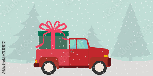 Recreation van and Christmas gift box with snow fall. Merry Christmas and Happy new year 2022