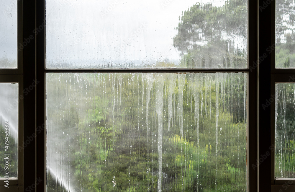 Naklejka premium Jet of Water Spraying House Seen Through Window - Concept Cleaning Exterior Windows and Walls of House with Copy Space