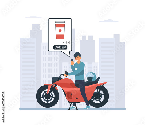 A man sitting on a motorcycle makes an order for coffee on a smartphone. Vector illustration.