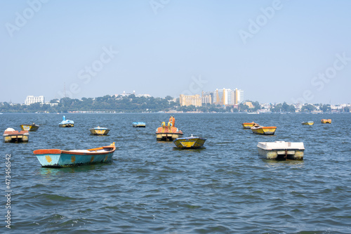 Boats in the upper lake at Bhopal which is also known as 'city of lakes'. photo