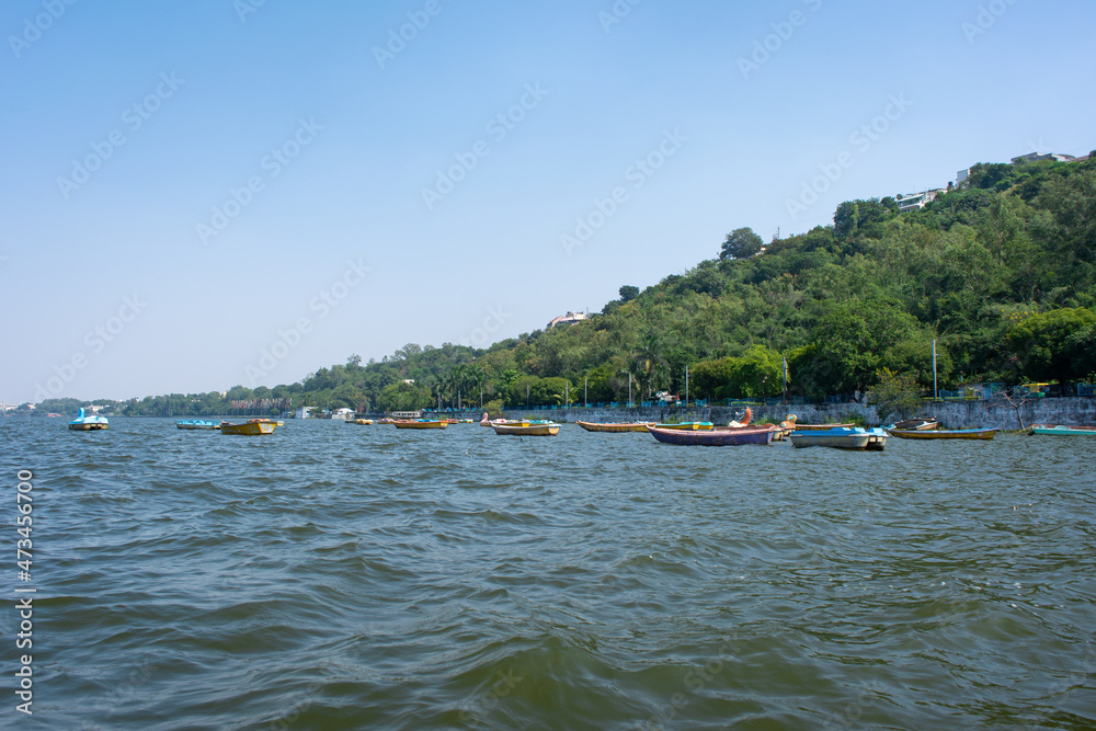 Boats in the upper lake at Bhopal which is also known as 'city of lakes'.