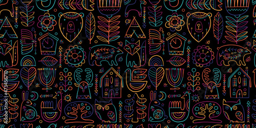Nordic Ornament. Forest Animals, Folk Background. Seamless pattern for your design