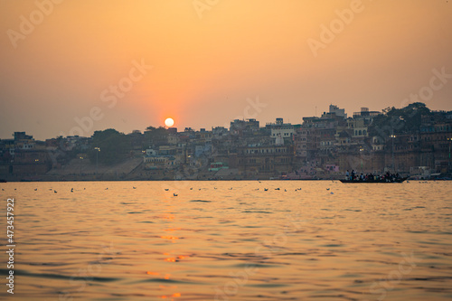 Ancient Varanasi city architecture at sunset