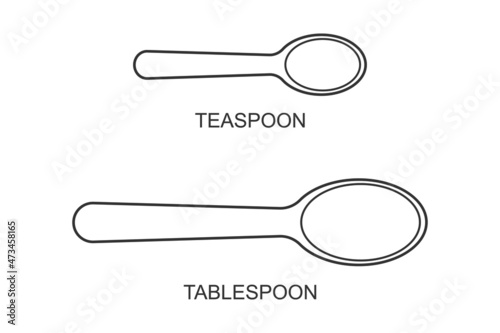 Teaspoon and tablespoon icons top view. Cutlery, kitchen utensils, cooking measuring tools. Vector outline illustration.