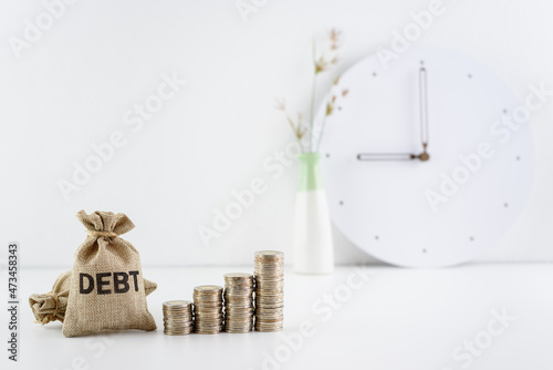 Cuadro en lienzo Debt financing, unsecured consumer debt, financial concept : Debt bags and coins on a table, represent the increasing total interest expense a borrower must repay to a lender when making late payment