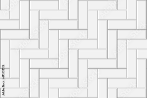 White herringbone tile seamless pattern. Kitchen backsplash or bathroom floor surface. Subway stone or ceramic brick wall background. Vector flat illustration.