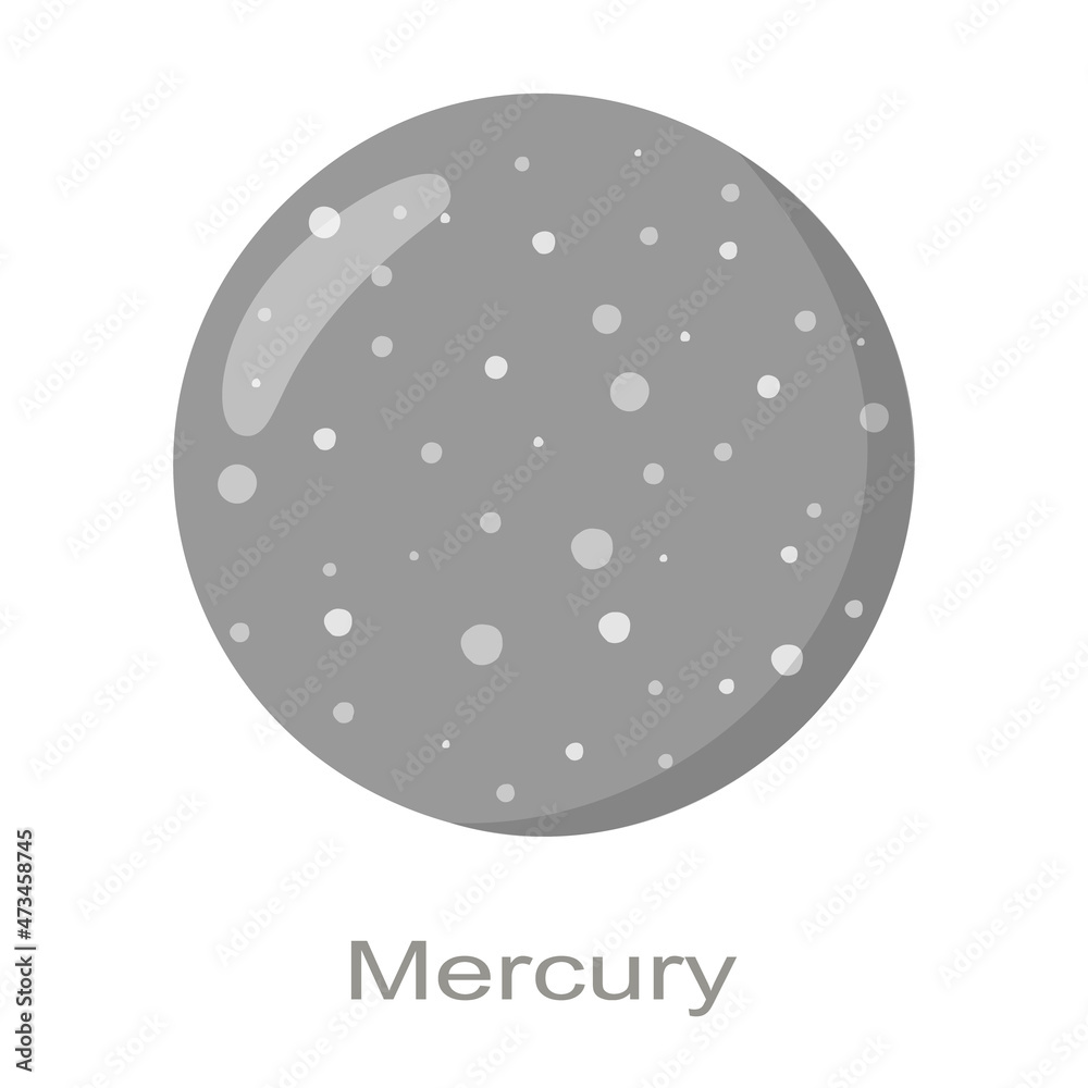 Mercury planet icon with name isolated on white background. Smallest planet in Solar system. True color. Universe element. Kids planetary. Vector cartoon illustration. Mercury planet icon with name isolated on white background. Smallest planet in Solar system. True color. Universe element. Kids planetary. Vector cartoon illustration.