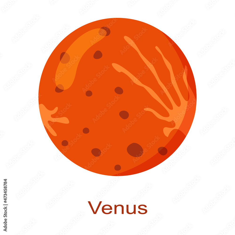 Venus planet icon with name isolated on white background. Second planet from the Sun in Solar system. Universe element. Kids planetary. Vector cartoon illustration. Venus planet icon with name isolated on white background. Second planet from the Sun in Solar system. Universe element. Kids planetary. Vector cartoon illustration.