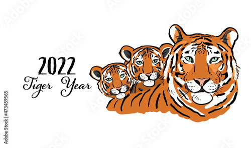 Greeting card with Tigers family. Symbol of 2022 New Year. Design Template fo...