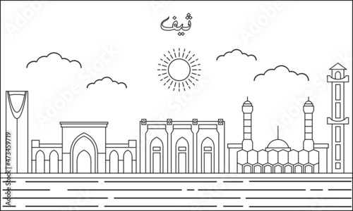 Thaif skyline with line art style vector illustration. Modern city design vector. Arabic translate : Thaif
 photo