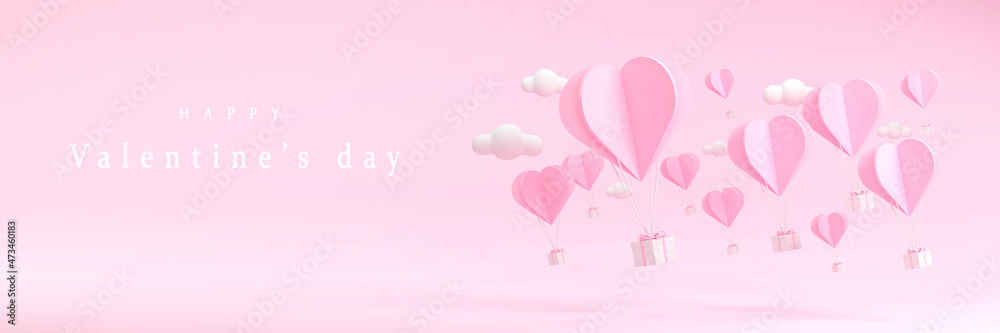 Pink heart balloon and gift box on pink sky background Valentine's day concept.