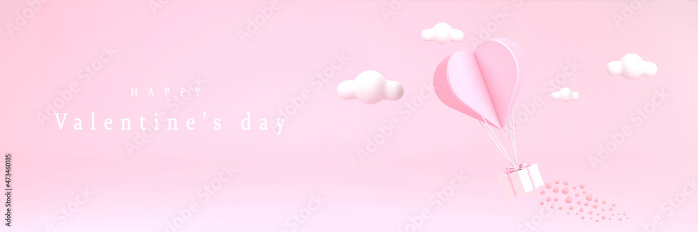 Pink heart balloon and gift box on pink sky background Valentine's day concept.