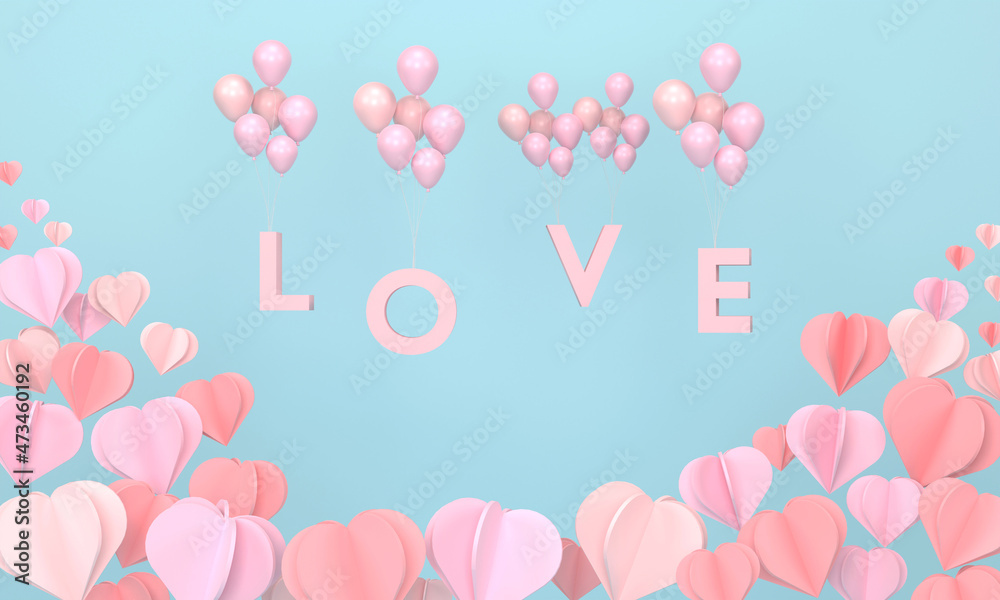 paper heart frame and love balloons with blue background. Valentine's day concept.