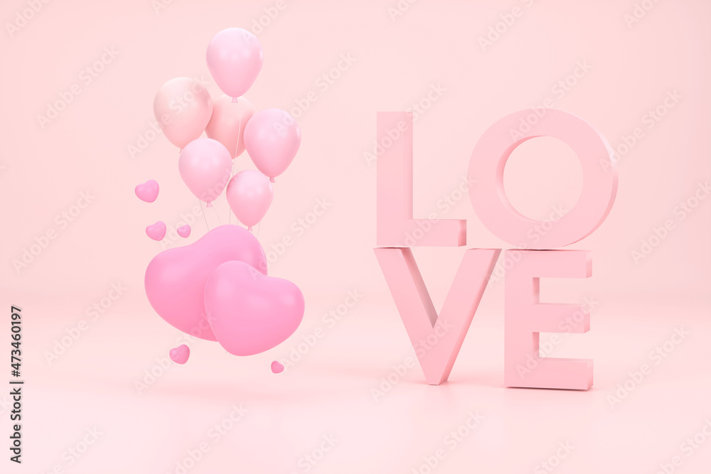 Pink love, balloons and heart with pink background. Valentine's day concept.
