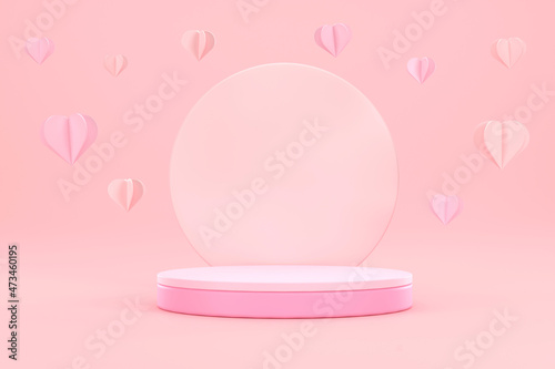 Pink podium and pink heart on pink background. Business concept showcase. © photobuay