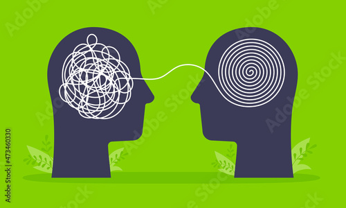 Psychologist consulting or mental problem solving brainstorm concept. Human heads with tangled chaos disorder turns into order line, finding solution. Coach, mentoring psychotherapy. Complex to simple