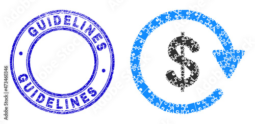 Puzzle dollar pay again mosaic pictogram with Guidelines seal stamp. Blue vector round distress seal stamp with Guidelines phrase. Abstract mosaic of dollar pay again icon made of puzzle glyphs.