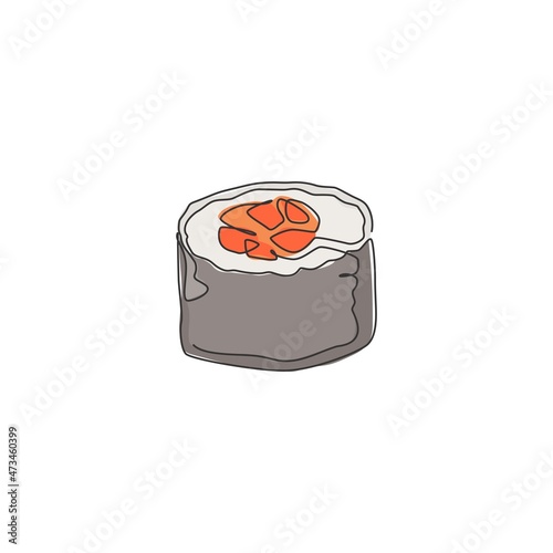 Single continuous line drawing of stylized Japanese maki sushi bar logo label. Emblem sea food restaurant concept. Modern one line draw design vector illustration for shop or food delivery service