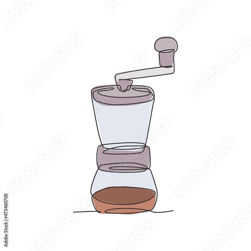 One continuous line drawing of manual wooden handy coffee grinder logo emblem. Old vintage classic coffee mill logotype template concept. Modern single line draw coffee shop design vector illustration