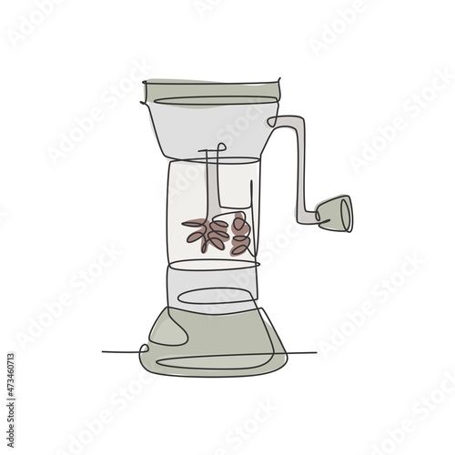 Single continuous line drawing of stylized manual handy wooden coffee beans grinder logo label. Emblem coffee shop concept. Vintage one line draw design vector illustration for cafe or beverage store